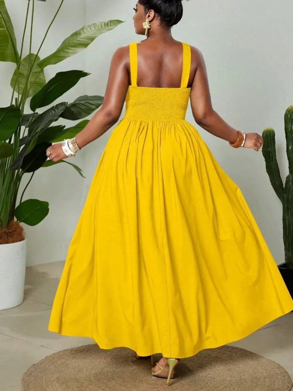 Yellow Womens Plus Size Elegant Sexy Spaghetti Strap Sleeveless Flowy maxi Dress
